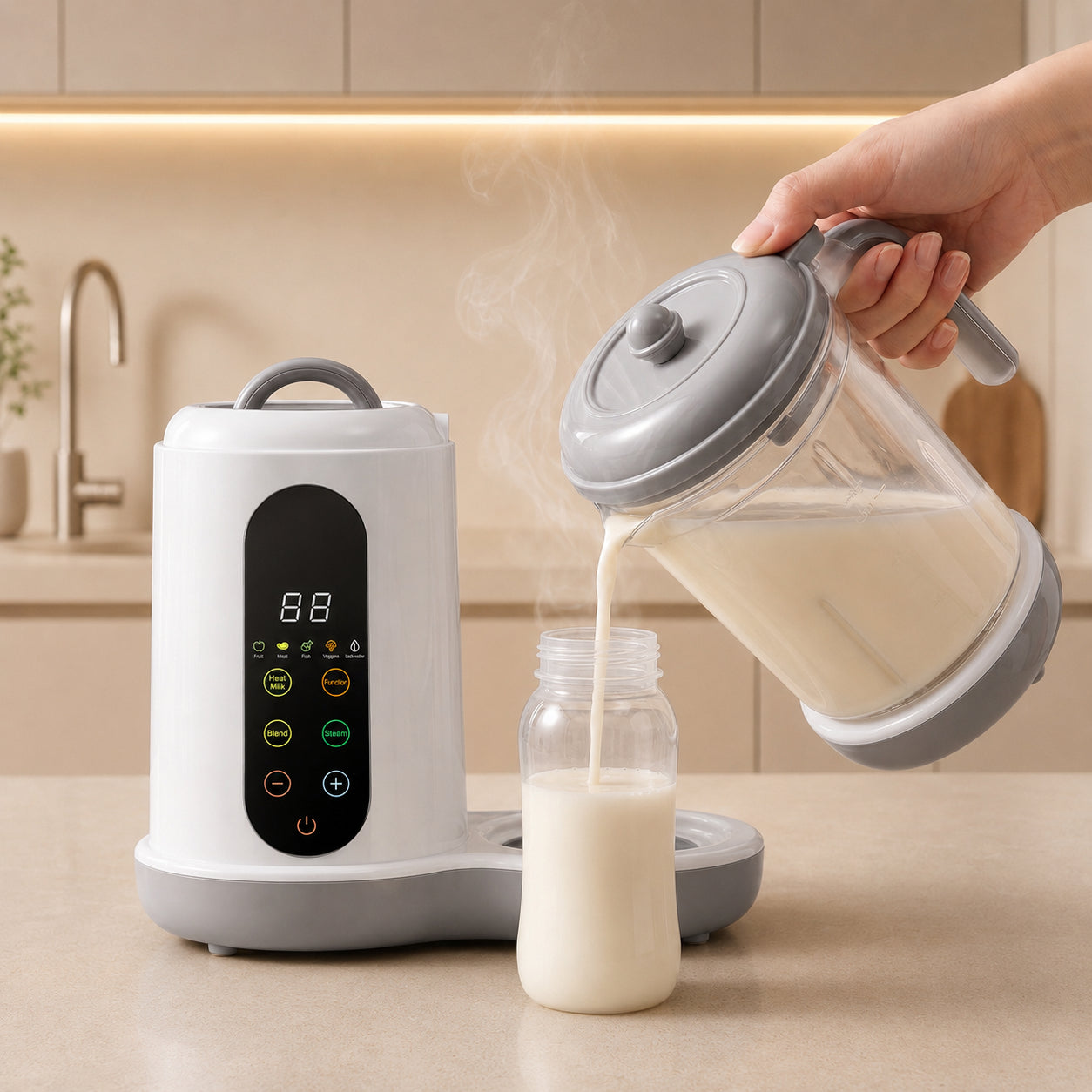 Lait chaud versé dans un biberon depuis la cuve du robot bébé Arnio, fonction chauffe-lait